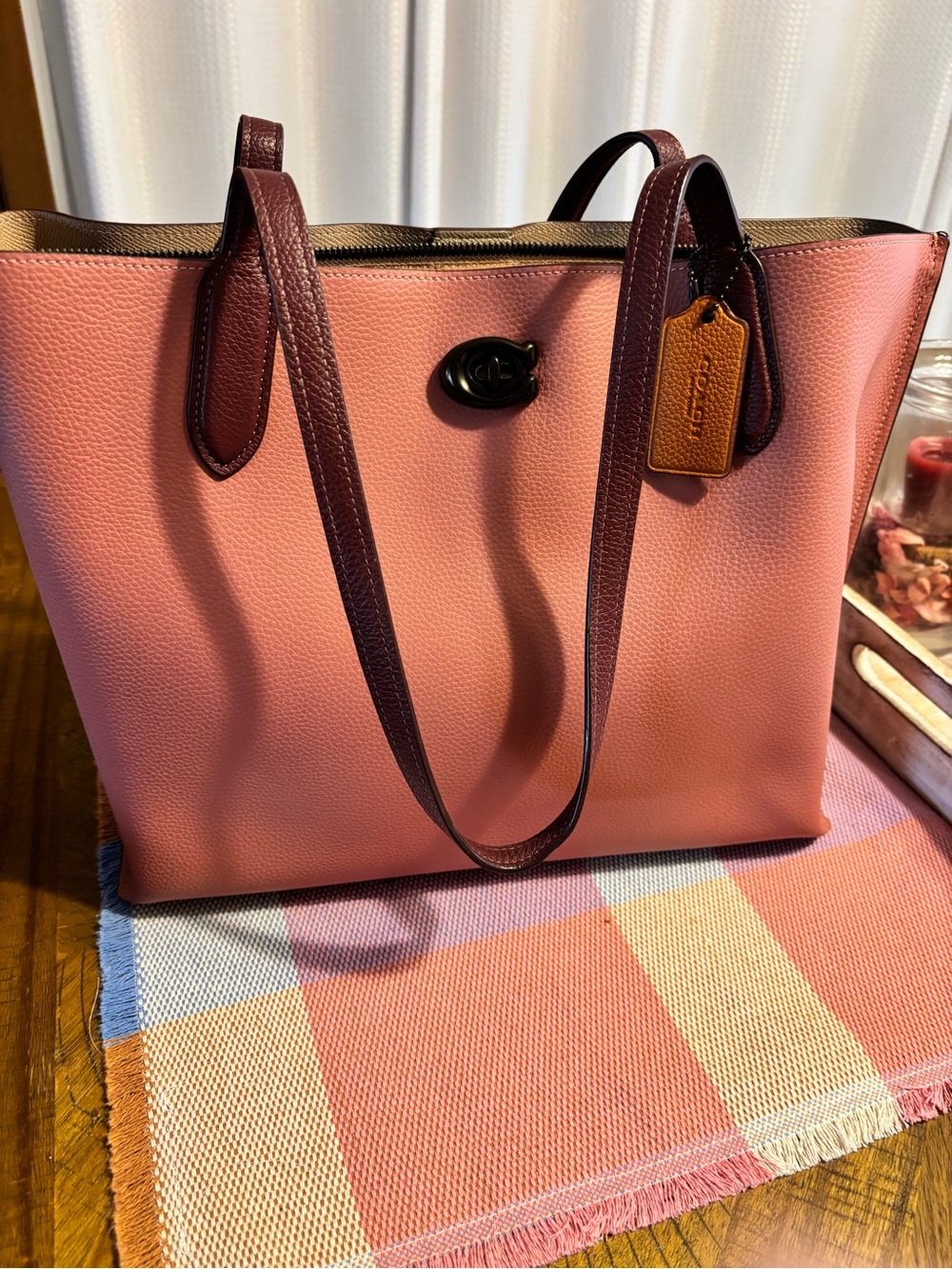 Coach Pink Leather Tote with Burgundy Trim and Tan Tag